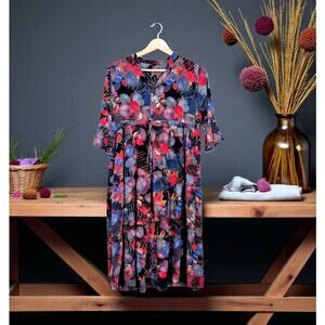 Leaf Print Empire Waist Dress M
